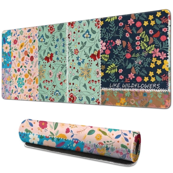 Wildflower Patchwork Computer Desk Pad 31.5 x 11.8 Inch, XL Mouse Mat for Work and Gaming