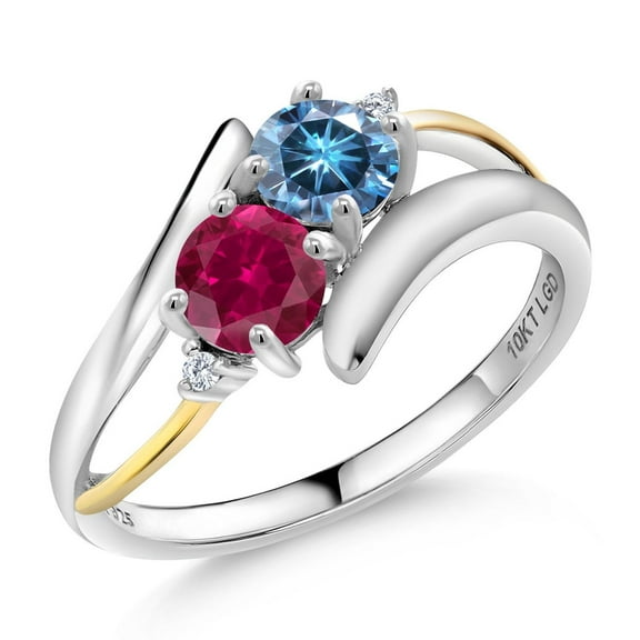 Gem Stone King 925 Silver and 10K Yellow Gold Persian Blue Moissanite and Red Created Ruby and White Moissanite 2-Stone Crossover Ring for Women (1.12 Cttw, Size 5)