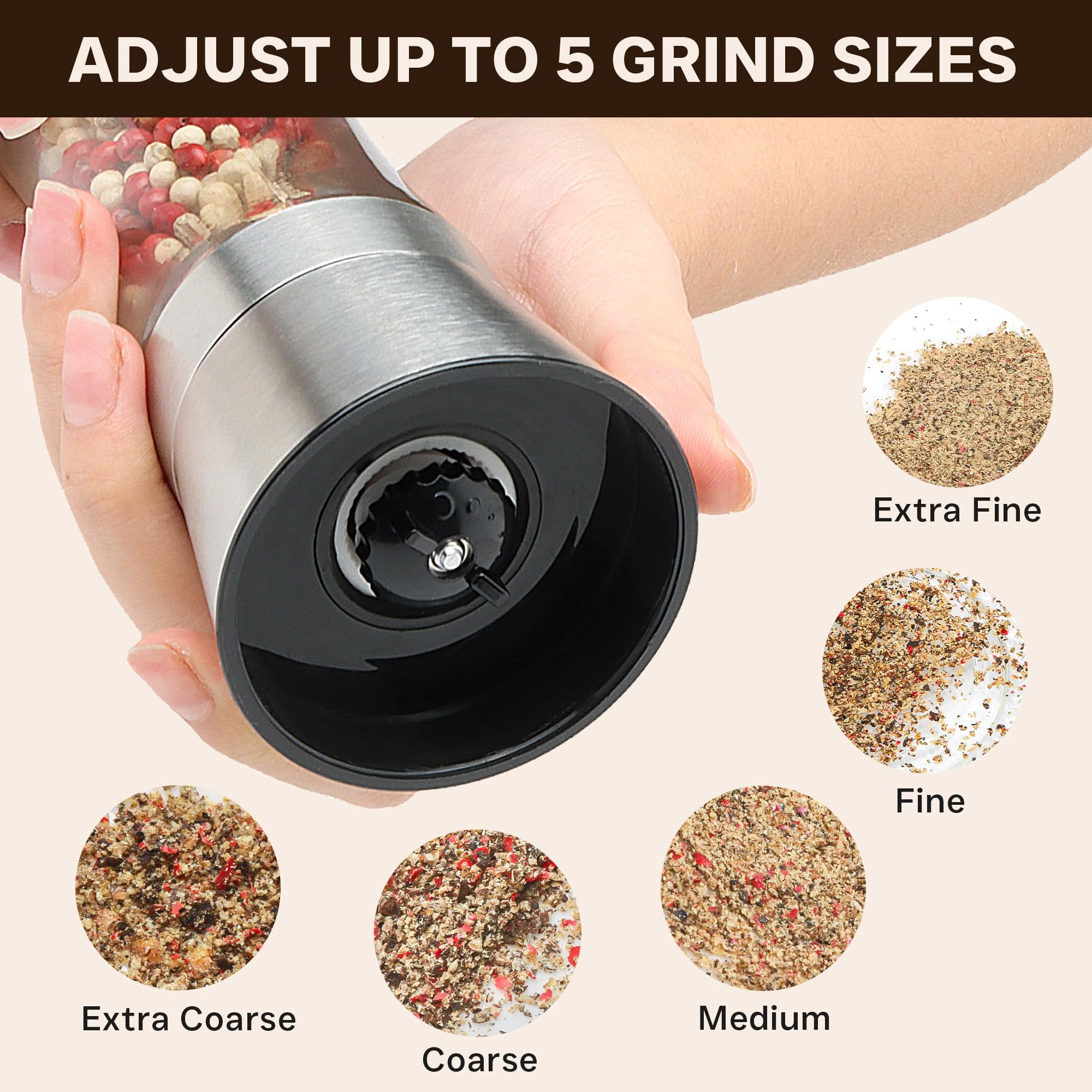 Stainless Steel Salt and Pepper Grinder Set with Adjustable Coarseness Glass Spice Shakers Ceramic Mills Easy Clean with Funnel