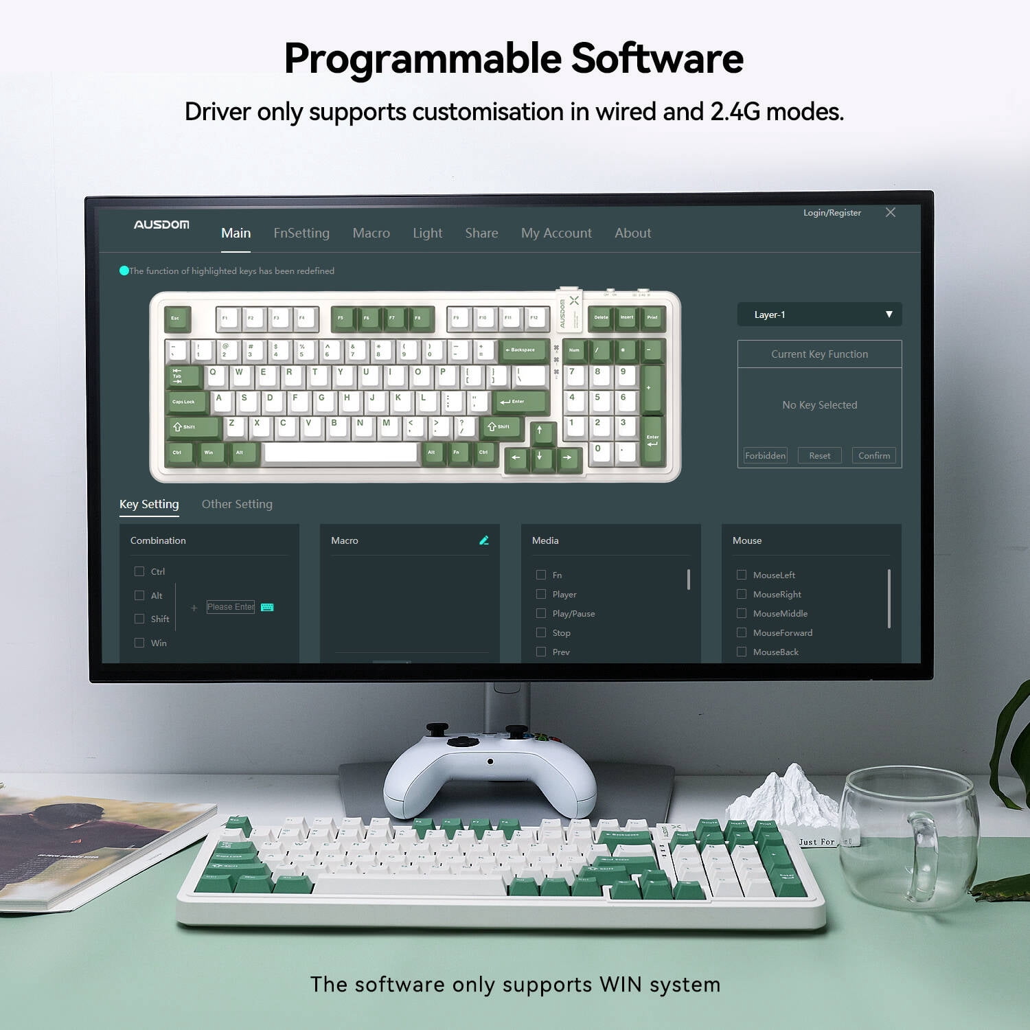 AUSDOM 98Pro Wireless Mechanical Gaming Keyboard - Linear Switches, Hot Swappable, White Backlit, Tri-Mode (Bluetooth/2.4GHz/USB-C), Gasket Mount, Pre-Lubed, 97% Compact Layout (Green & White)