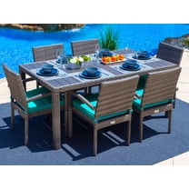 Sorrento 7-Piece Resin Wicker Outdoor Patio Furniture Dining Table Set in Gray w/ Dining Table and Six Cushioned Chairs (Flat-Weave Gray Wicker, Sunbrella Canvas Aruba)