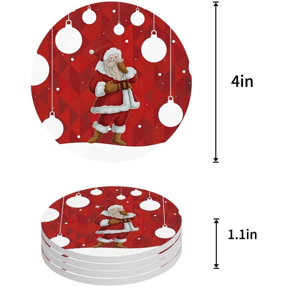 FMSHPON Merry Christmas Santa Claus Set of 6 Round Coaster for Drinks, Absorbent Ceramic Stone Coasters Cup Mat with Cork Base for Home Kitchen Room Coffee Table Bar Decor
