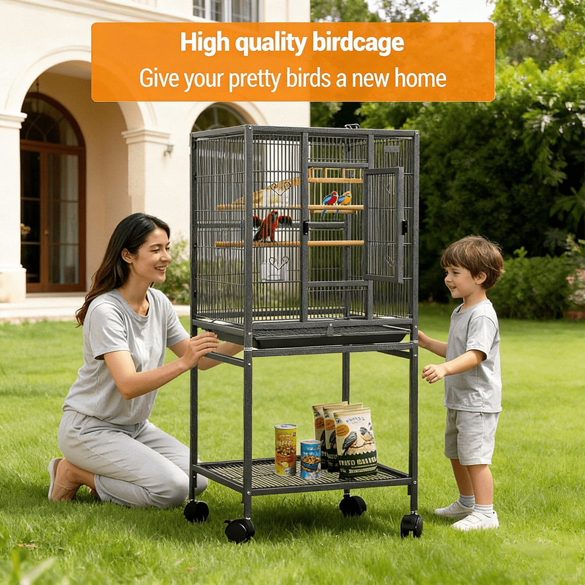 Winkalon 54" Wrought Iron Standing Large Parrot Parakeet Flight Bird Cage for Small Parrot Sun Parakeet Green Cheek Conure Lovebird Budgie Finch Canary Bird Cage with Stand