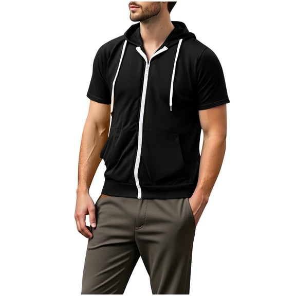 Mrmaere Men's Short Sleeve Hooded Top Full Zip Closure Soft Fabric Comfortable Casual Streetwear Daily Wear Black L
