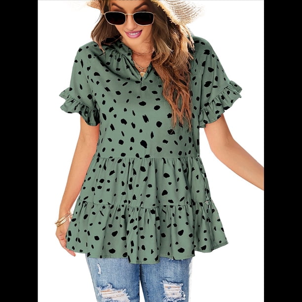 Blusas Bohemias de con Cuello en V, Corta, Fruncidas y Estampados Al Azar para Mujer, Estilo Casual, Color Verde M
