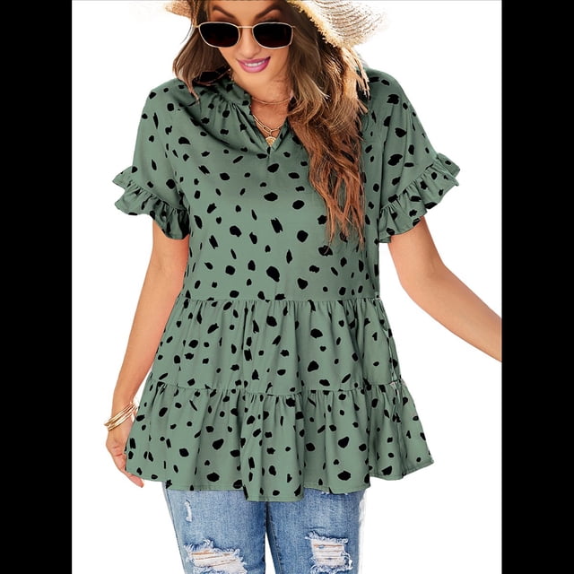 Blusas Bohemias de con Cuello en V, Corta, Fruncidas y Estampados Al Azar para Mujer, Estilo Casual, Color Verde M
