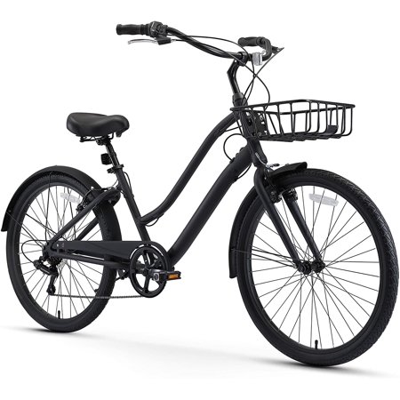 sixthreezero Every Journey Men's Casual Edition 7-Speed Integrated Cable Lock and Basket, Sport Hybrid Cruiser Bicycle, 26 In. Wheels, Matte Black