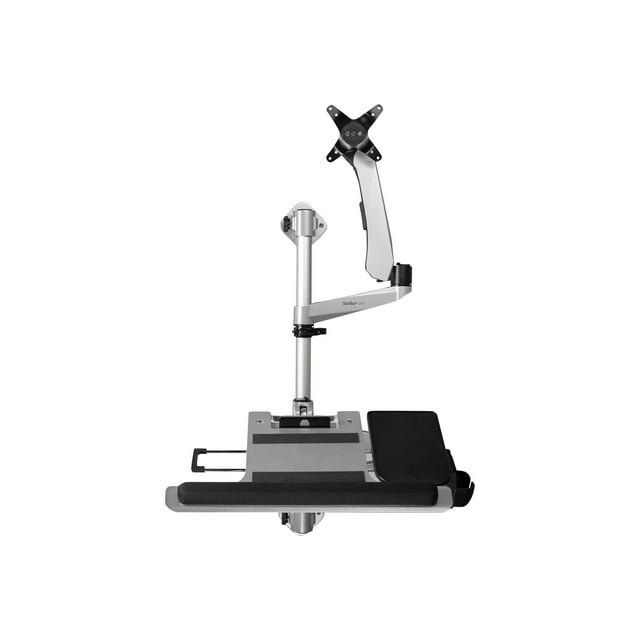StarTech.com Wall Mount Workstation, Articulating Standing Desk w/ Ergonomic Height Adjustable Monitor Arm & Padded Keyboard Tray, 34" VESA Display, Foldable Wall Mounted Sit Stand Desk - Foldable Standing Desk (WALLSTSI1) - Mounting kit (pole, mouse holder, wrist rest, spring arm, wall mount bracket, keyboard tray, monitor mount, wall mount bracket with lock plate, swivel arm with logo, 2 x swivel arms, mouse tray, mouse tray fixed plate, EVA mouse pad) - for LCD display / PC equipment - plastic, aluminum, steel - silver - screen size: 13"-30" - wall-mountable - TAA Compliant