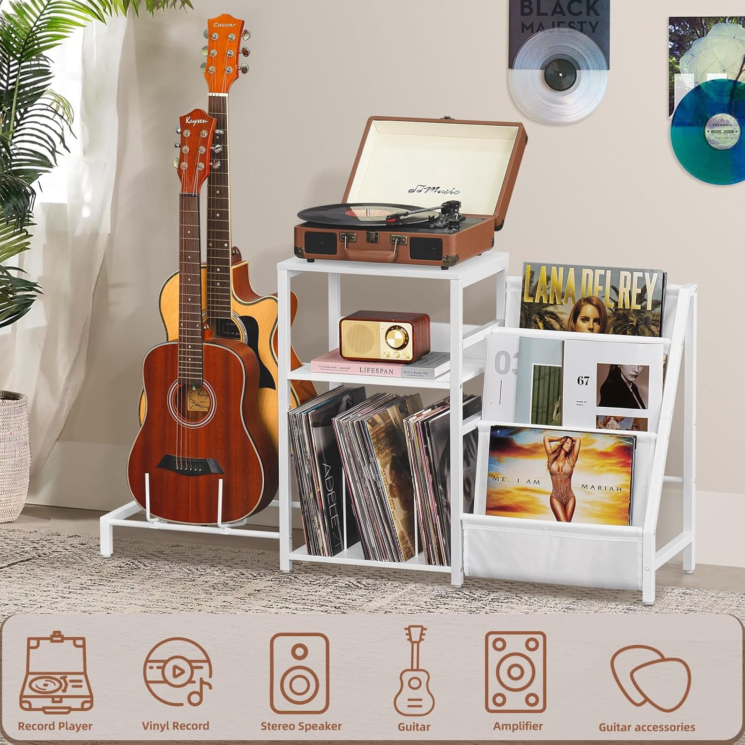 AENKYO Record Player Stand, Black Adjustable Guitar Stand for Acoustic Guitar, Electric Guitar, Bass, Turntable Stand with Vinyl Display Shelf Storage Up to 150 Albums, End Table for Music Room