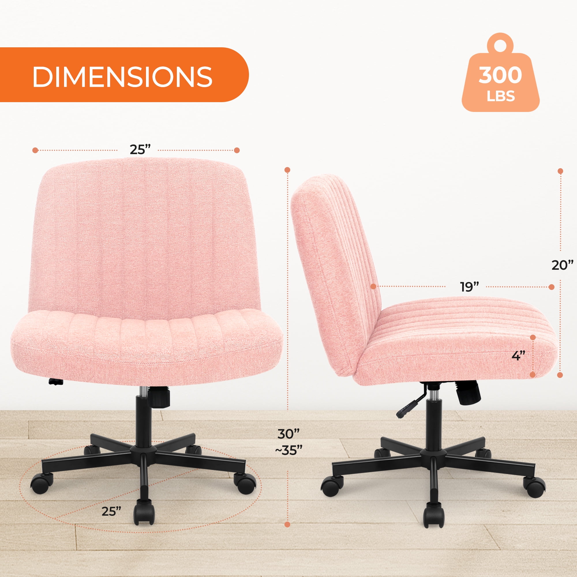 Orange Factory Criss Cross Chair Wheels Wide Cross Legged Office Desk Vanity Chair Comfy Fabric Armless Adjustable Swivel for Home Computer Task (Pink Wheel, Fabric)