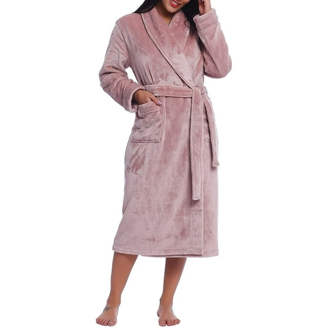 Women Plush Fleece Robe Long Warm Bathrobe Shawl Collar/Hood