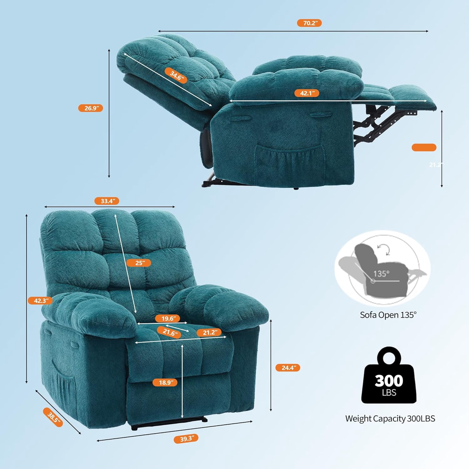 Sunvasagoo Chenille Manual Recliner Chair, 300Lb Capacity, 3 Colors
