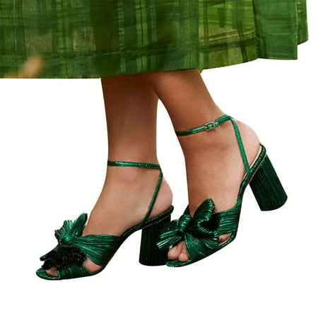 

Women s Fashion Sandals Thick Heel Bow Silk Sandals Retro Buckle Shoes