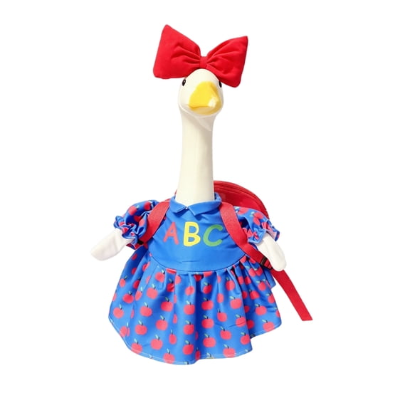 Cream White Goose Stuffed Animal with Puff Sleeve Dress and Red Bow Plush, Back to School Decorations for Porch and Classroom, Gift for Her Collectible Plush 1 Count