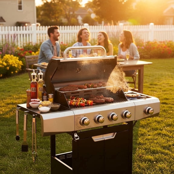 Inntech 51,000 BTU Cast Iron BBQ Grill,4 Burner Propane Gas Grill with Side Burner,Easy-Pull Oil Tray,Perfect for Backyard,Patio & Garden Outdoor Cooking