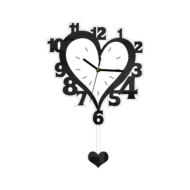 Reloj de pared de péndulo silencioso con forma de corazón de acrílico nórdico, decorativo para colgar en el pasillo. Negro