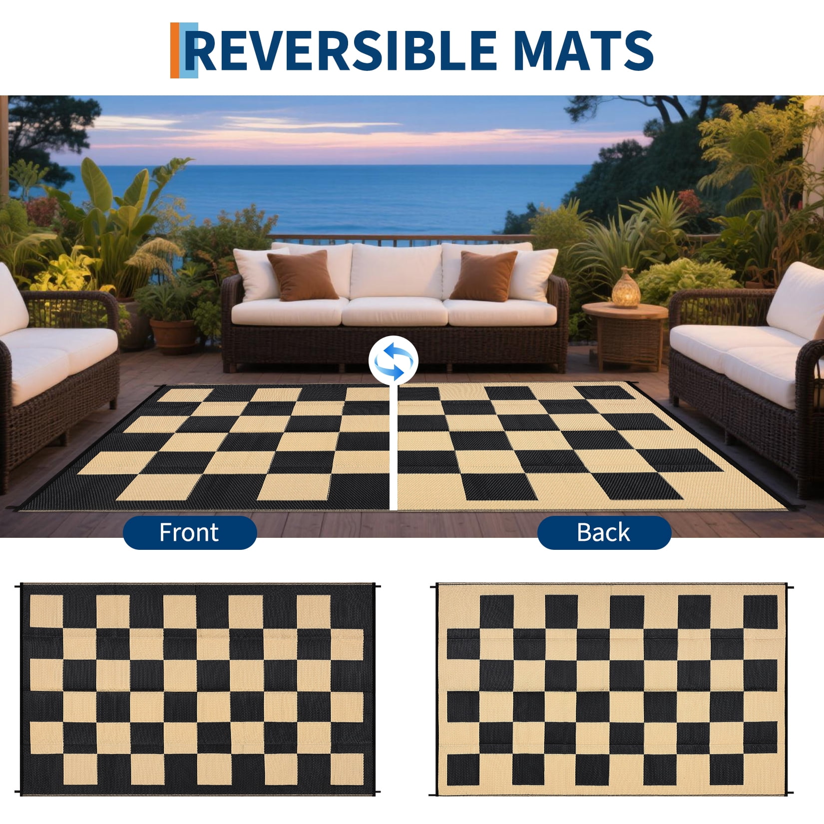 9' x 18' Outdoor Rugs, Waterproof Outdoor Plastic Straw Rug, Modern Geometric Plaid Woven Carpet, Easy Cleaning RV Carpet, Lightweight Foldable Reversible Mat for Picnic, Backyard, Deck