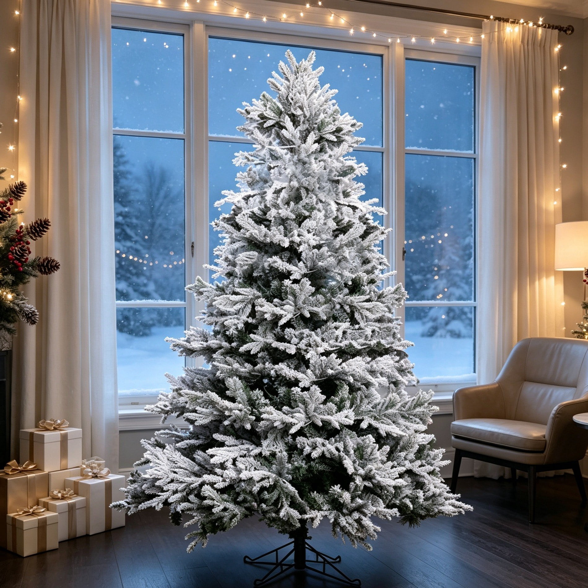 7 ft Snow-Flocked Artificial Christmas Tree with Green Metal Stand, White