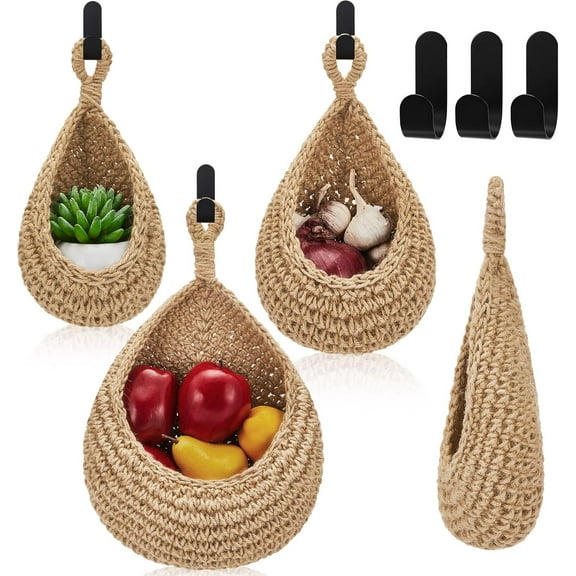 Lsupdaol Hanging Wall Basket Teardrop Hanging Baskets Onion Basket Coat Bohemian Storage Fruit Wall Hooks for Kitchen Wall Home Restaurant Storage Vegetable, 3 Sizes(Light Linen)
