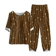 thumbnail image 1 of Mikilon Ensemble Élégant pour Femmes 2 Pcs Coton Lin Imprimé Manches Cinq-Quarts Col Rond + Pantalon Décontracté Marron L, 1 of 3