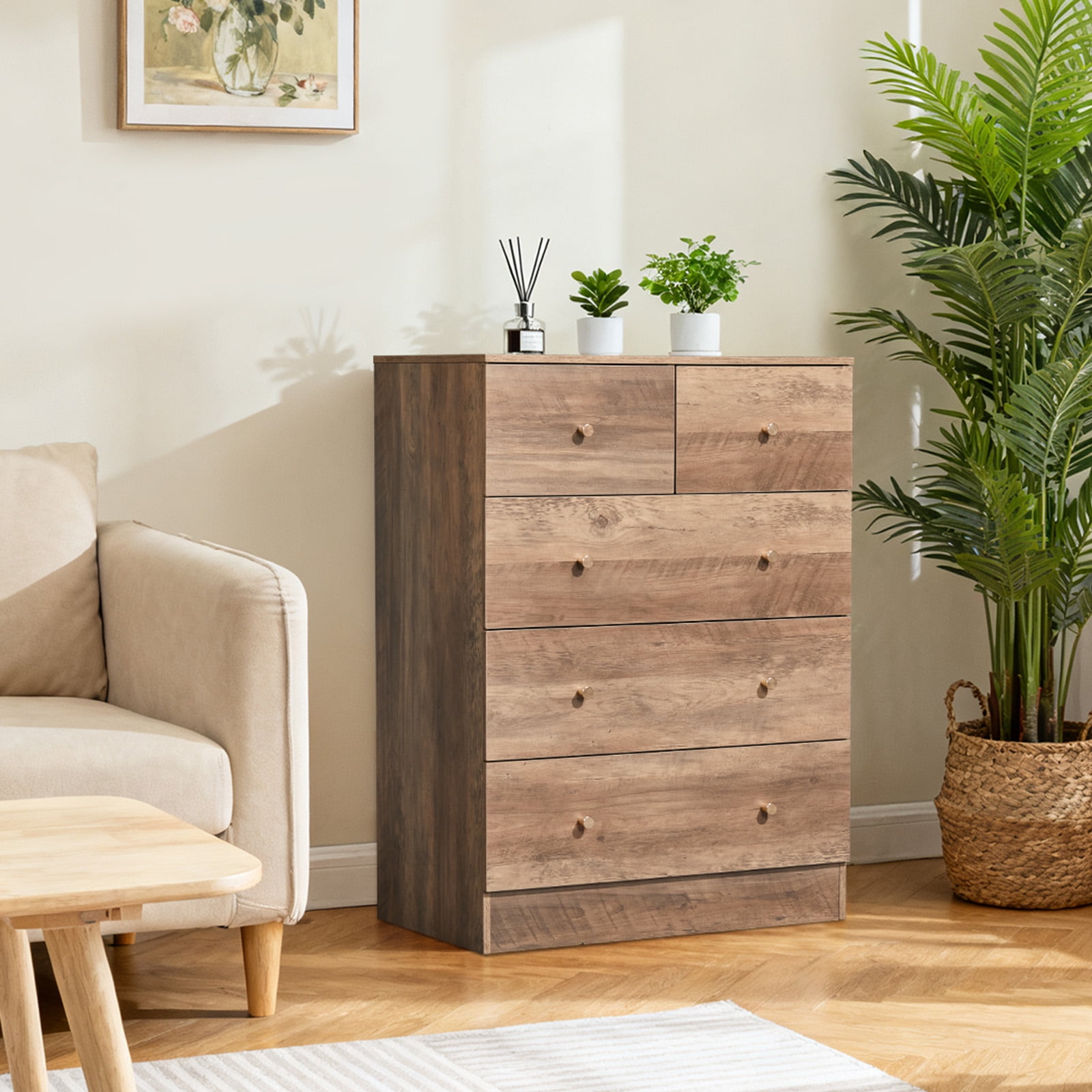 5-Drawer Storage Cabinet, Grey Linen-textured Melamine Particle Board Cabinet with Matte Gold Handles, 3+2 Drawer Organizer for Bedroom Office Living Room