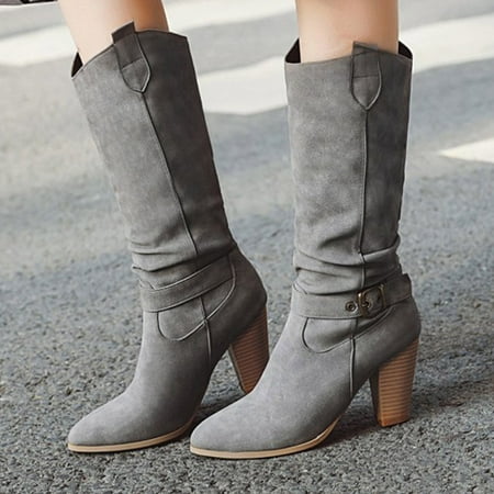 

symoid Womens Mid Calf Boots- Shoes Winter Warm High Heel Slip-on Mid-calf Belt Buckle Casual Cowboy Knight Boots Gray 39