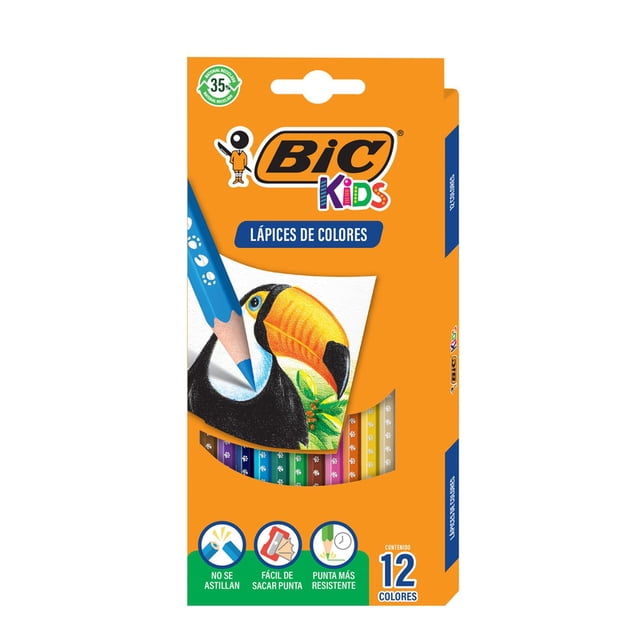 colores bic kids tucán 12 colores Caja frontal naranja que muestra 12 lápices hexagonales BIC Kids con punta resistente de 3 mm en colores brillantes, ilustración de tucán coloreada y pictogramas que indican 'no se astillan' y 'fácil de sacar punta'; adecuada para actividades escolares y manualidades.
