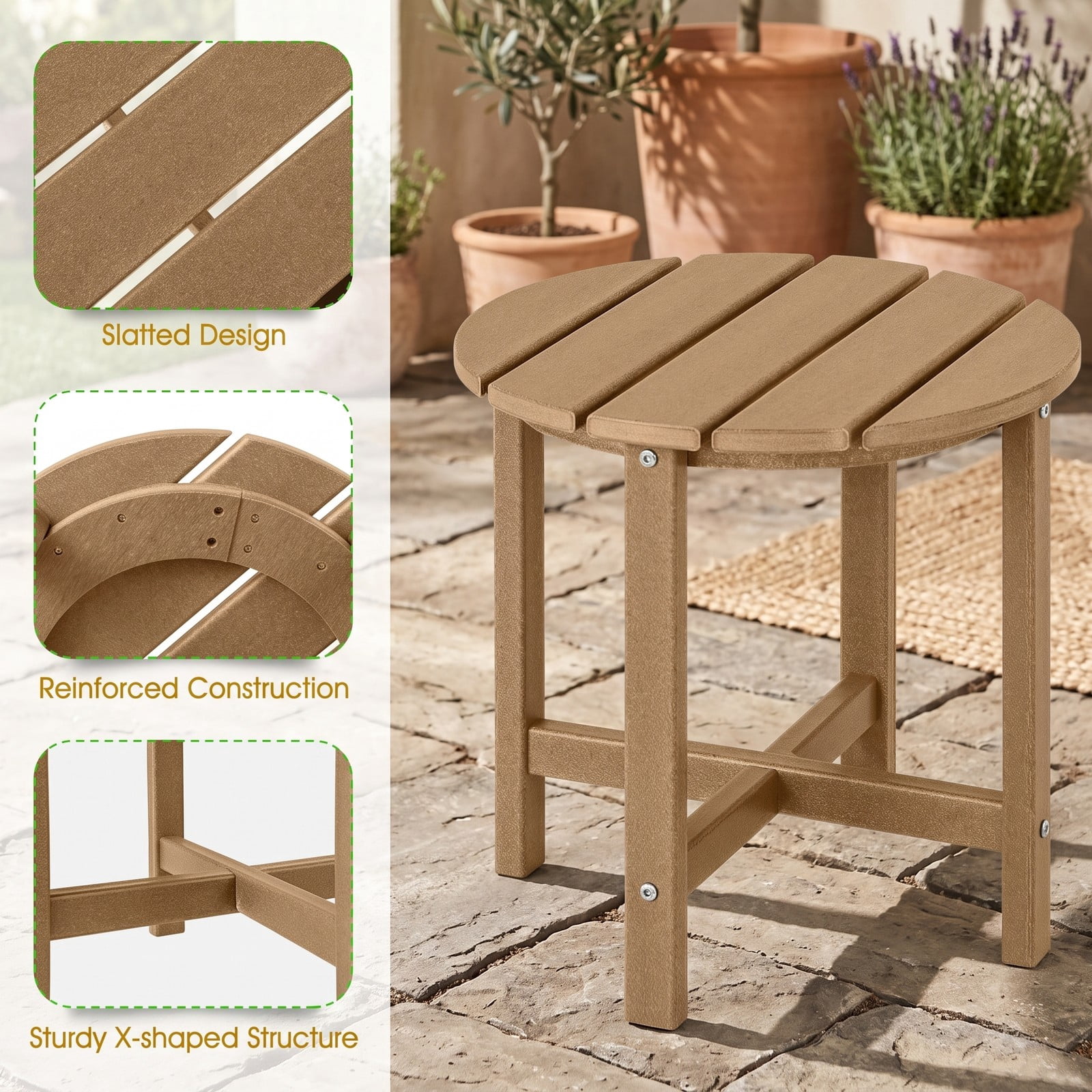 Furnibear Set of 2 18 Inch Round Weather Resistant HDPE Adirondack Side Tables for the Patio Porch Deck and Garden, Brown
