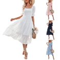 thumbnail image 3 of CHOK Robe Longue en Chiffon Été Manches Courtes Col Carré Robe Femme Décontractée Plage Vacances-Blanc TG, 3 of 6