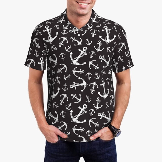 Fotbe Anchors Camiseta Polo de Golf para Hombre con Estampado – Camisa Deportiva Transpirable con Cuello Abotonado-Small