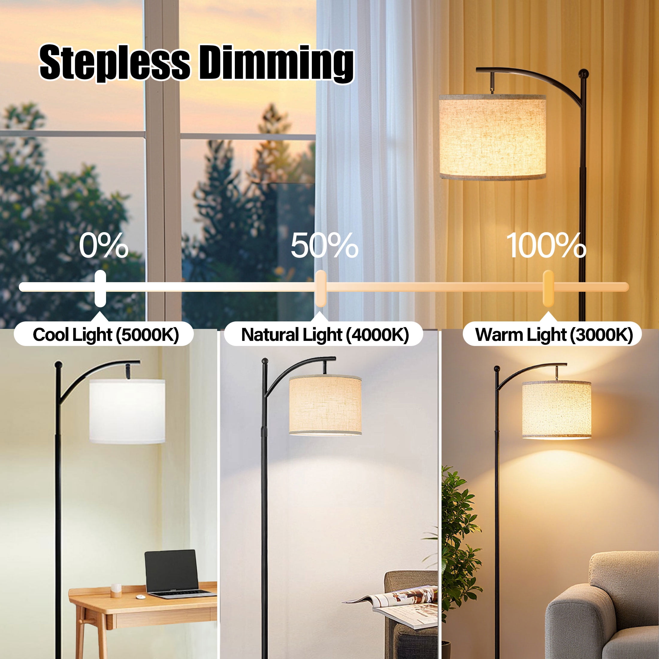 Dimmable Floor Lamp with Remote , Arc Floor Lamps for Living Room, Modern Standing Lamp with Linen Shade & 3 Color Temperatures LED Bulb, Tall Lamp for Bedroom Office Dining Room- Black