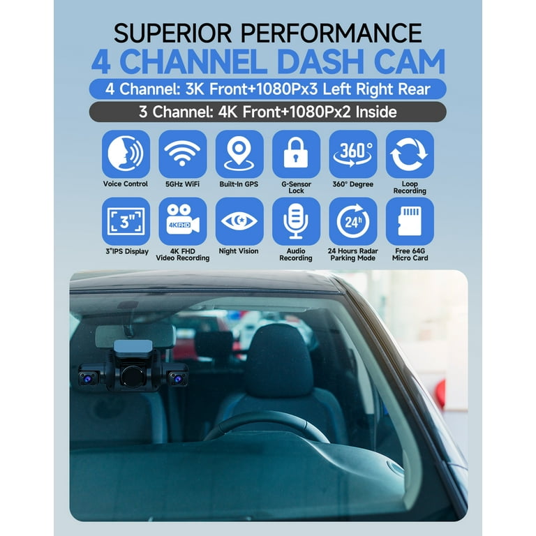 4K Dash Cam for Cars, 360° GPS Dashcam Front and Rear Inside, 4