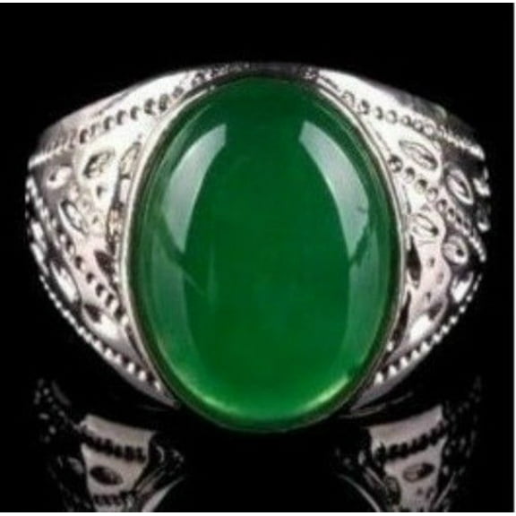Beautiful Tibetan Silver Green Jade Men's Ring -