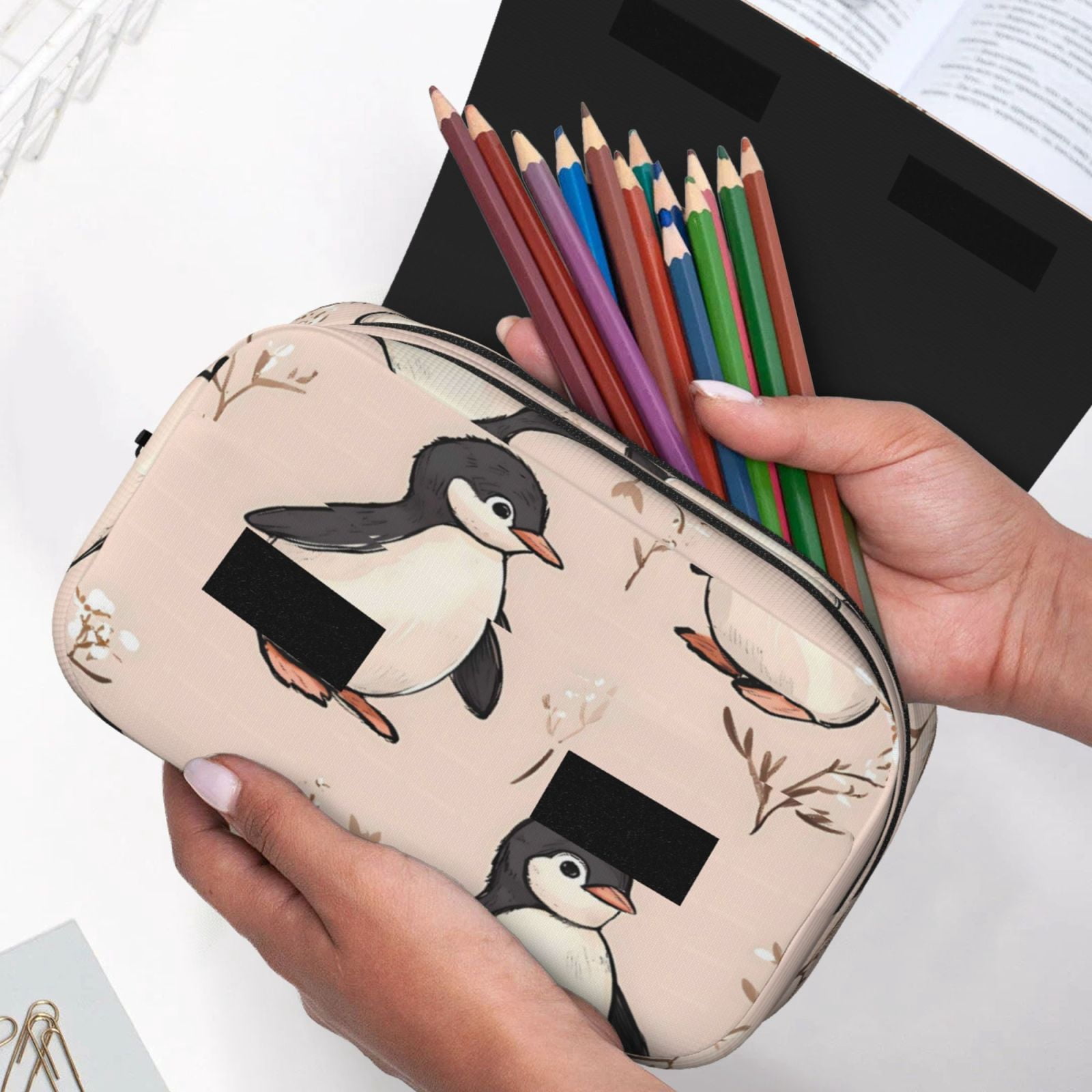 Large-Capacity Flip-Top Double-Layer Pencil Case, Multi-Functional Pocket Pen Case, Durable Stationery Organizer Adorable Penguin