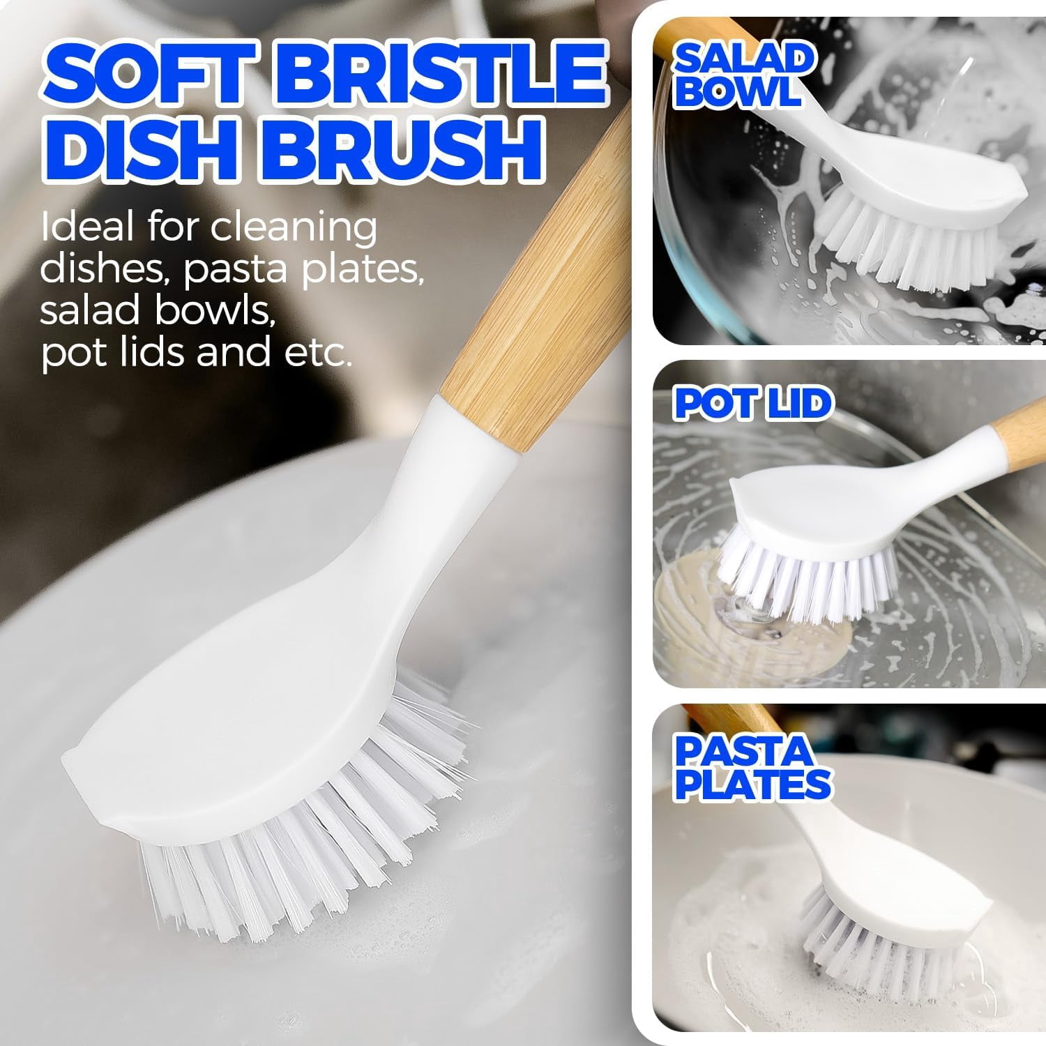 3 Pack Dish Brush Set with Bamboo Handle, Kitchen Brushes for Cleaning Pot, Sink and Stove, Skillet Scrubber with Tough Bristles for Cast Iron Grill Pan, Yellow White Black
