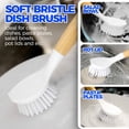thumbnail image 2 of 3-piece bamboo handle dishwashing brush set, kitchen brush for cleaning pots, sinks, and stoves, hard bristled frying pan washer for cast iron baking pans, yellow, white, black, 2 of 4