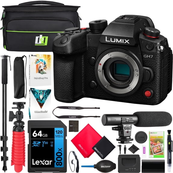 Panasonic LUMIX GH7 Mirrorless Micro Four Thirds Camera Body DC-GH7BODY Bundle Including Deco Gear Photography Bag   Microphone   Monopod   64GB Memory Card   Software Kit and Accessories