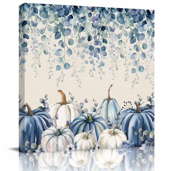 Wall Art Prints, Blue Pumpkins Fall Framed Canvas Prints for Bedroom Living Room Bathroom Office, Thanksgiving Eucalyptus Leaf Rustic Gallery Wrap Wall Art Poster for Gifts Home Decor 16"x16"