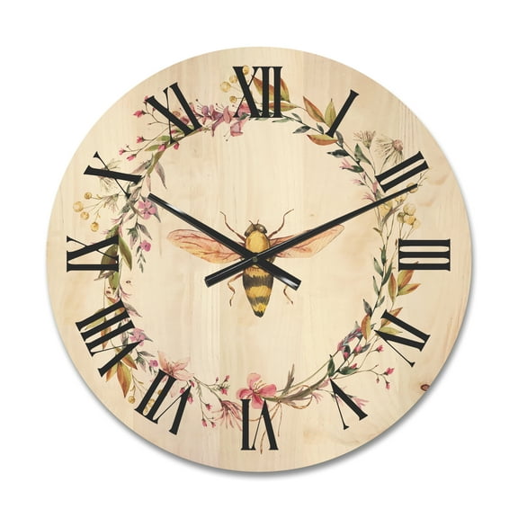 Designart 'Wildflowers Wreath and A Bee' Farmhouse Wood Wall Clock