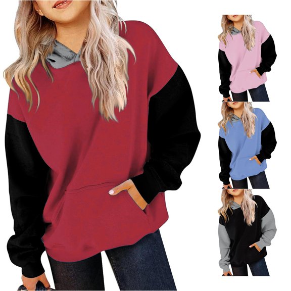 Vividxx Hoodies For Girls Oversized Long Sleeve Hooded Sweatshirt Kids Casual Color Block Pullovers Tops With Pocket Fashion Clothes 8-10 Years