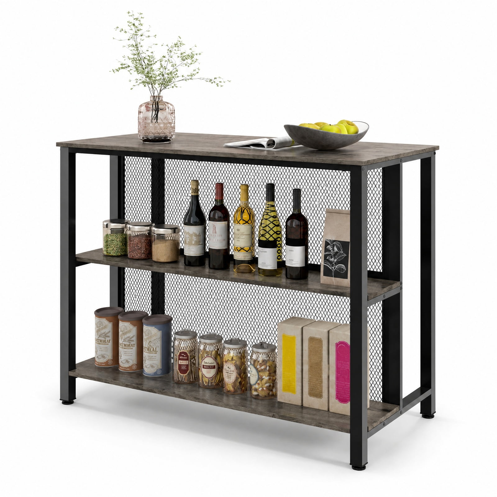 Furnibear 36 Inch 3-Tier Bar Table with Storage Metal Frame Adjustable Foot Pads for Dining Room for Kitchen Dining Bar Bistro Pub Home Counter, Gray