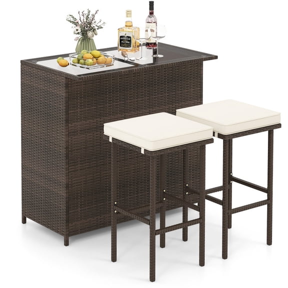 Biotree 3-Piece Patio Rattan Bar Set with Glass Table and Cushioned Stools, White - Outdoor Patio Bar Height Furniture Set for Deck Garden