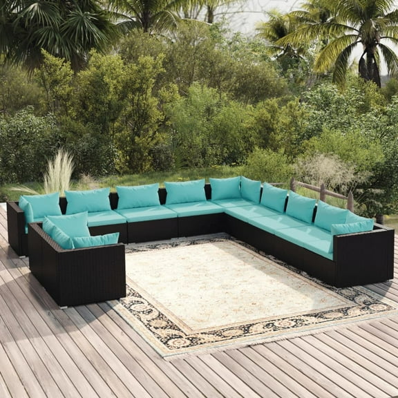 vidaXL 11 Piece Patio Lounge Set with Cushions Black Poly Rattan, 3102529