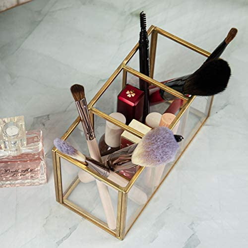 Acrylic Pen Holder 3 Compartments, Gold Pencil Organizer Cup for Countertop Desk Accessory Storage
