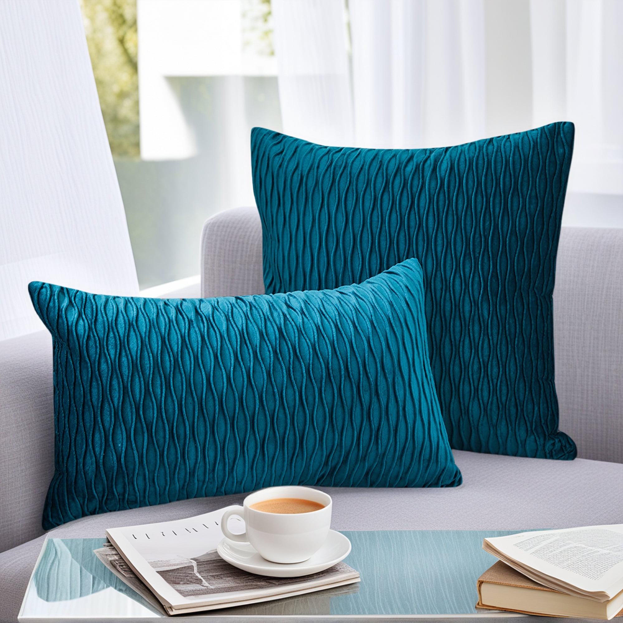 Unique Bargains Throw Pillow Covers Striped Velvet Rectangular Cerulean 18" x 18"