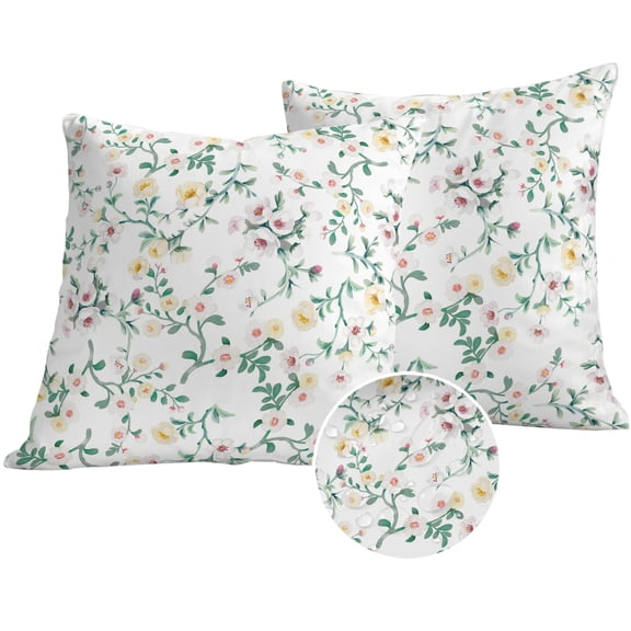 Spring Flowers Outdoor Pillow Covers 24x24 Set of 2,Waterproof Patio Throw Pillowcase Protectors,Yellow Pink Floral Leaves Country Farm Plants Decorative Pillow Shams Cushion Covers for Bed Couch