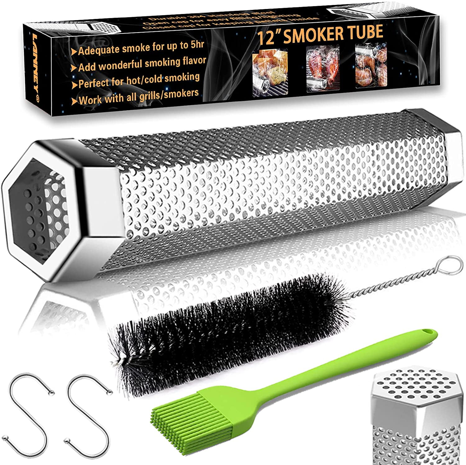 Lanney Pellet Smoker Tube, 12'' Stainless Steel Wood Pellet Smoke Tube for Gas Grill