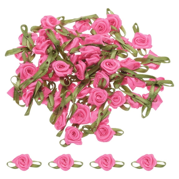 Uxcell 30 Pcs Dark Pink Ribbon Roses 5/8"x1-3/16" Mini Roses for Sewing Appliques Crafts Little Satin Bows Roses Artificial Flowers