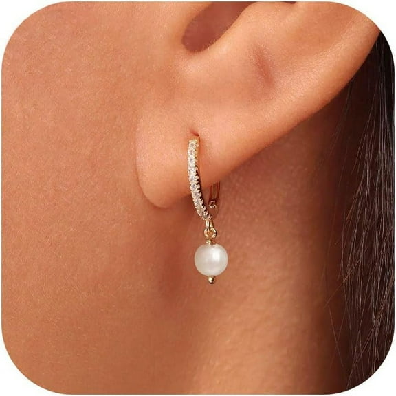 Pearl Earrings for Women - 14K Gold Plated Dainty Pearl Dangle Earrings Small Huggie Hoop Drop Earrings for Women Trendy Gold Wedding Bridal Earrings for Women