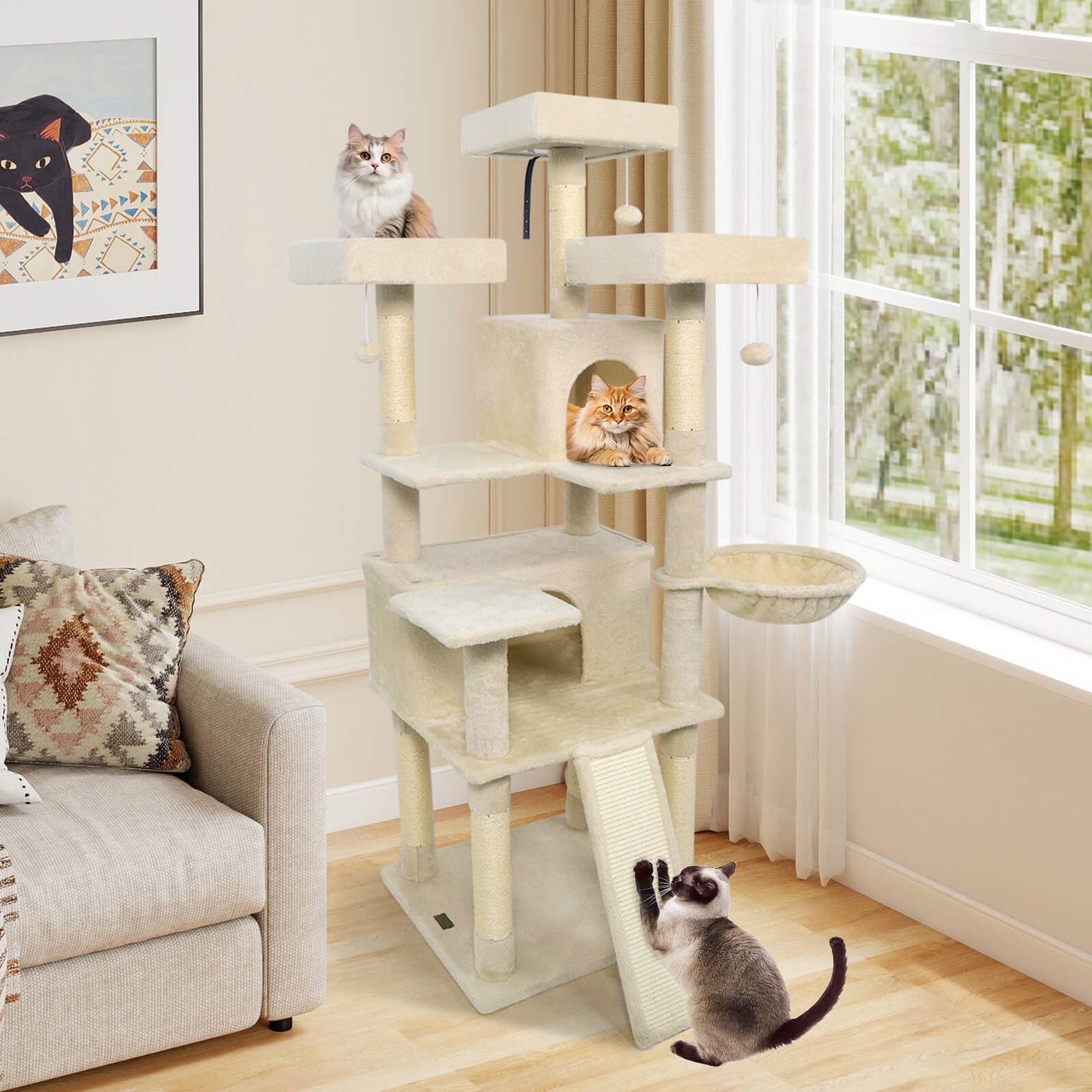 Costway 65” Tall Multi-level Cat Tree with 3 Upholstered Top Perch 2 Cat Condos Cat Basket Beige